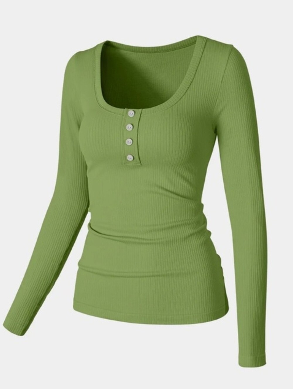 OQQ Ribbed Scoop Neck Henley Long Sleeve Top - Green